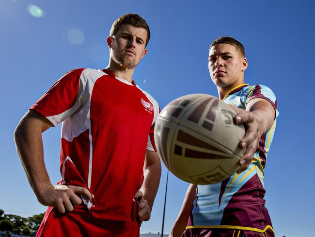 Reece Walsh (right) captained Keebra Park SHS in 2019, pictured alongisde current Gold Coast Titans player Toby Sexton who captained Palm Beach Currumbin. Picture: Jerad Williams