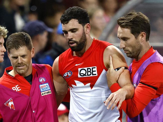 Sydney's Paddy McCartin after a head knock during the AFL Round 4 match between the Sydney Swans and Port Adelaide Power at the SCG on April 8, 2023. Photo by Phil Hillyard(Image Supplied for Editorial Use only - **NO ON SALES** - Â©Phil Hillyard )