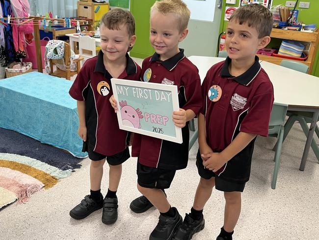 Desmond Binstead, Kai Carty and Luca Smallwood. Kindy friends unite! Taabinga State School on January 28, 2025.