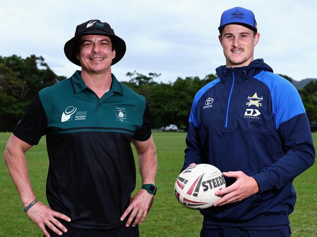 Trinity Bay State High School has partnered with the North Queensland Cowboys Elite Pathways program, a development program that provides promising young players the opportunity to grow their rugby league to a professional level. Trinity Bay State High School Rugby League School of Excellence program manager Shannon Riles and Cowboys game development coach Mitch Dunn at Trinity Bay High. Picture: Brendan Radke