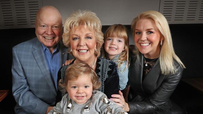 Bert Newton with wife Patti, daughter Lauren, grandchildren Lola, 5, and Monty 1. Picture: Alex Coppel.