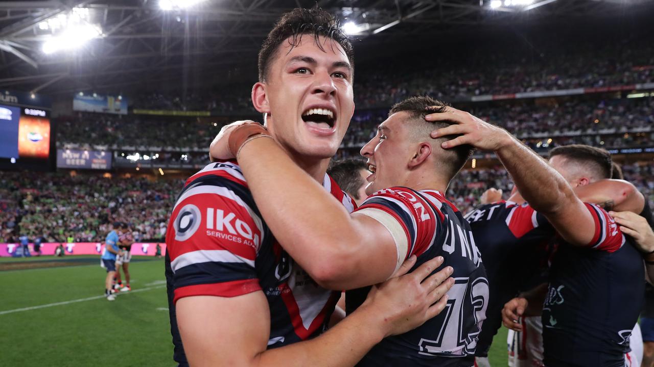 SYDNEY, AUSTRALIA — OCTOBER 06: Joseph Manu of the Roosters celebrates with teammates after winning the 2019 NRL Grand Final match between the Canberra Raiders and the Sydney Roosters at ANZ Stadium on October 06, 2019 in Sydney, Australia. (Photo by Matt King/Getty Images)