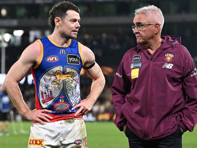 MELBOURNE, AUSTRALIA – MAY 26: Lachie Neale of the Lions and Chris Fagan, Senior Coach of the Lions look dejected after the round 11 AFL match between Hawthorn Hawks and Brisbane Lions at Marvel Stadium, on May 26, 2024, in Melbourne, Australia. (Photo by Daniel Pockett/Getty Images)