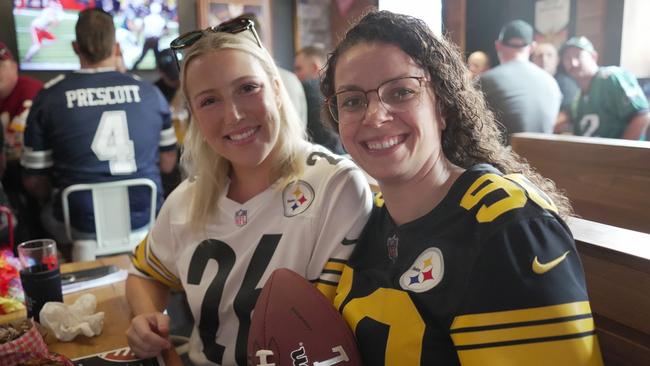 Enjoying the Super Bowl party at Tailgate Sports Bar in the Toowoomba CBD are (from left) Elly Watson and American expat Kaitlin Kirkpatrick.