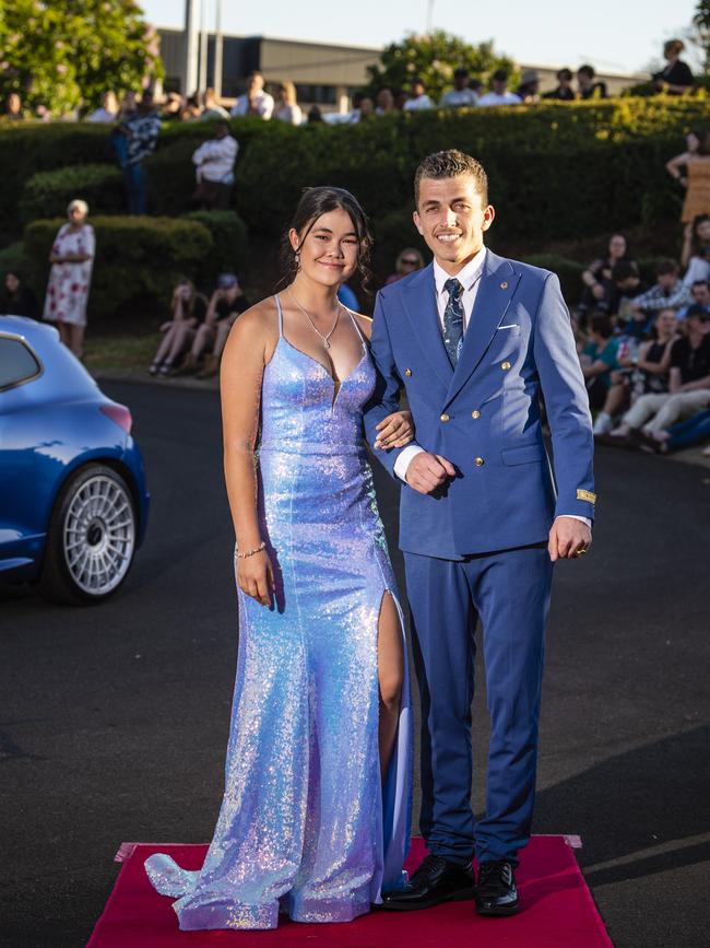 Alysha Grangos and Sulaiman Zandinan arrive at Harristown State High School formal at Highfields Cultural Centre, Friday, November 18, 2022. Picture: Kevin Farmer