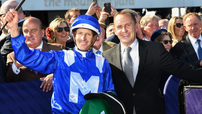 Hugh Bowman and Chris Waller celebrate another Winx triumph. Picture: Getty Images