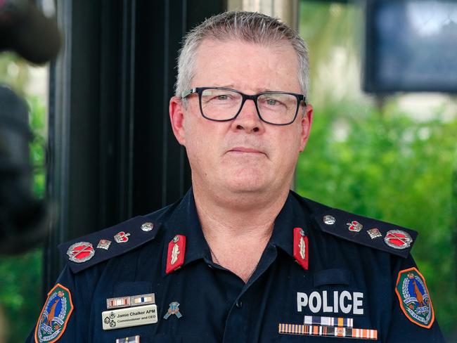 NT Police Commissioner Jamie Chalker speaks to the media at the Peter Macaulay Centre in Darwin.Picture: Glenn Campbell