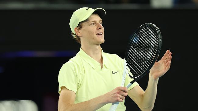 MELBOURNE, AUSTRALIA - JANUARY 24: Jannik Sinner of Italy acknowledges the crowd after winning against Ben Shelton of the United States in the Men's Singles Semifinal during day 13 of the 2025 Australian Open at Melbourne Park on January 24, 2025 in Melbourne, Australia. (Photo by Cameron Spencer/Getty Images)