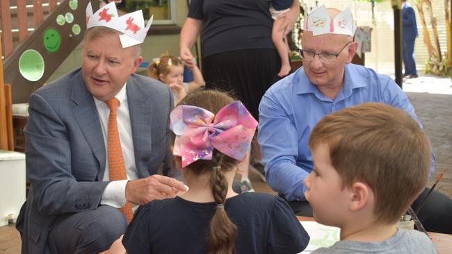 ALP leader Anthony Albanese with Blair MP Shayne Neumann at Cribb Street Childcare Centre in Sadliers Crossing on Friday.