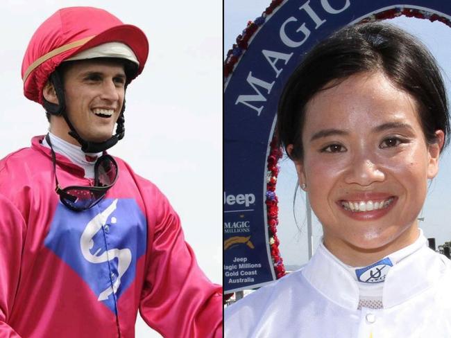 Jockeys Blake Spriggs (left) and Beany Panya (right) have been airlifted to hospital.