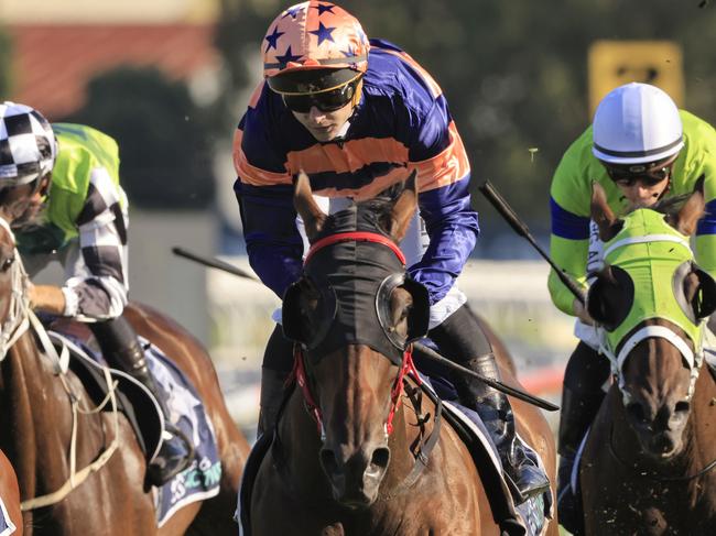 SYDNEY, AUSTRALIA - JANUARY 30: James Innes Jnr on Brutality wins race 8 the Sky Racing Active Handicap during Sydney Racing at Rosehill Gardens on January 30, 2021 in Sydney, Australia. (Photo by Mark Evans/Getty Images)