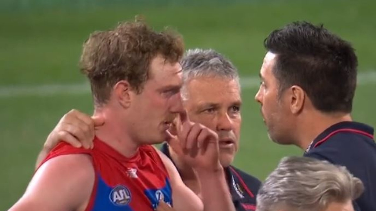 Harrison Petty seen upset after he was sledged by Lions Dayne Zorko . Screen grabs Channel 7