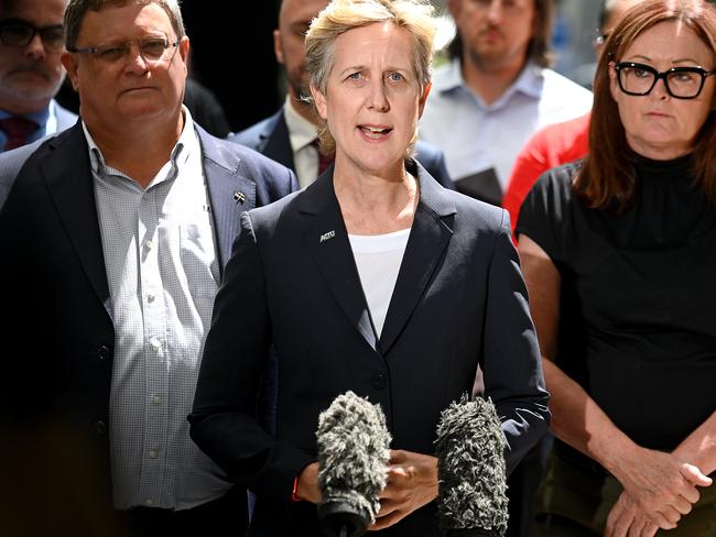 BRISBANE, AUSTRALIA - NewsWire Photos JANUARY 20, 2025:  ACTU Secretary Sally McManusACTU Secretary Sally McManus and labour hire workers address the media in BrisbanePicture: NewsWire / John Gass