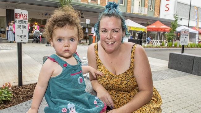 (from left) Tabitha Kupper with her mother Annabelle Kupper. Russell Street Refresh block party. Picture: Nev Madsen.