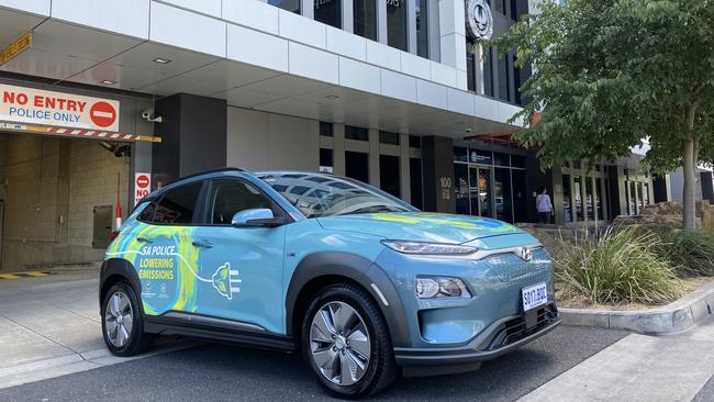 SA Police have five Hyundai electric vehicles available to staff in police HQ for non-operational duties such as attending meetings, site visits and business-related activities. Supplied.