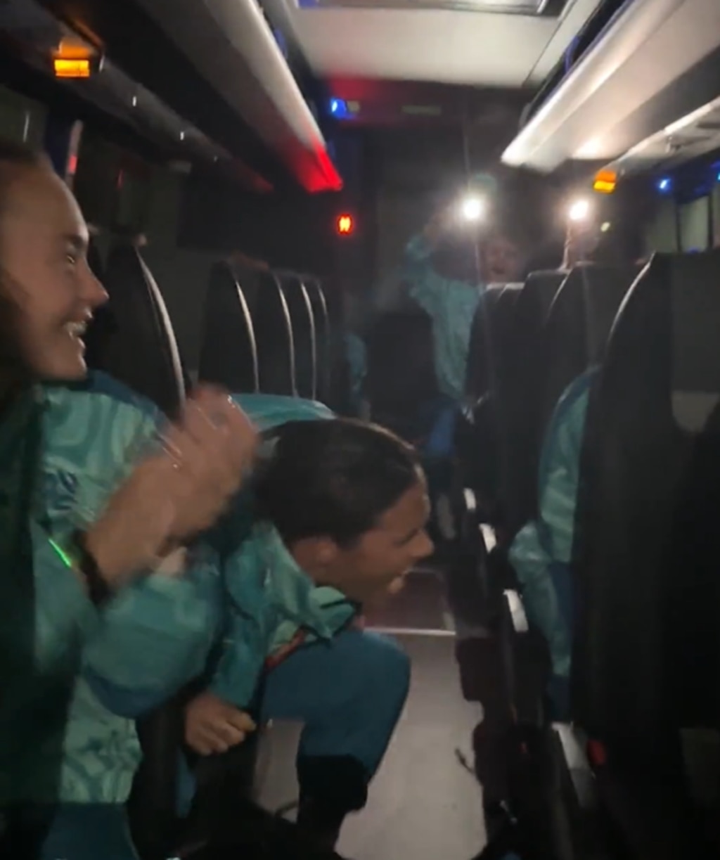 Matildas pair Caitlin Foord and Lydia Williams share a laugh on bus ride. Picture: Instagram.