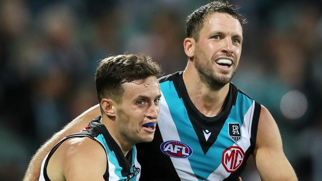 Travis Boak (right) was pivotal in the engine-room. Picture: Sarah Reed/AFL Photos/Getty Images