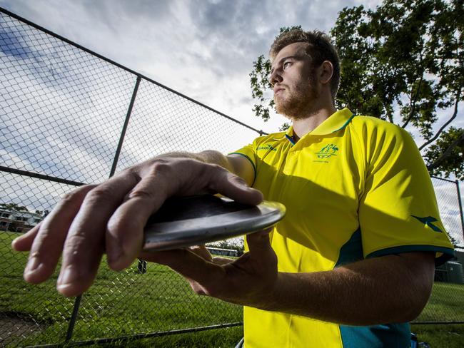 Discus thrower Mitchell Cooper poses for a photograph at training, Friday, March 9, 2018 (AAP Image/Richard Walker)