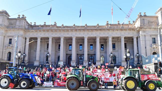 Landholders voice their discontent about the VNI West project at a tractor rally outside Victoria’s Parliament House in August. Picture: Zoe Phillips
