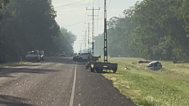 Emergency services at the scene of a three-car crash on Girraween Rd at Howard Springs about 6.30am on April 12, 2023. Picture: Sierra Haigh