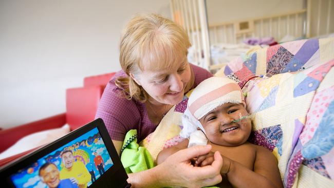 Krishna and guardian angel Moira Kelly at the Royal Children’s Hospital in 2009. Picture: Robert Reitmaier