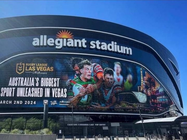 Allegiant Stadium in Las Vegas advertises the historic NRL double header set to be held in March. Picture: Twitter