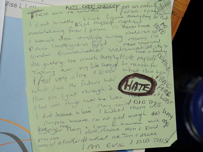 A hand-written note alongside the 2016 diary of nurse Lucy Letby. Picture: AFP