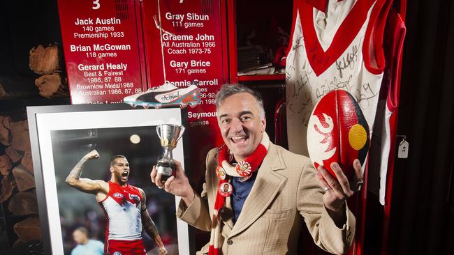 Another of Jason Kimberly’s great passions in life is his adoration of the Sydney Swans. Picture: Rob Leeson.