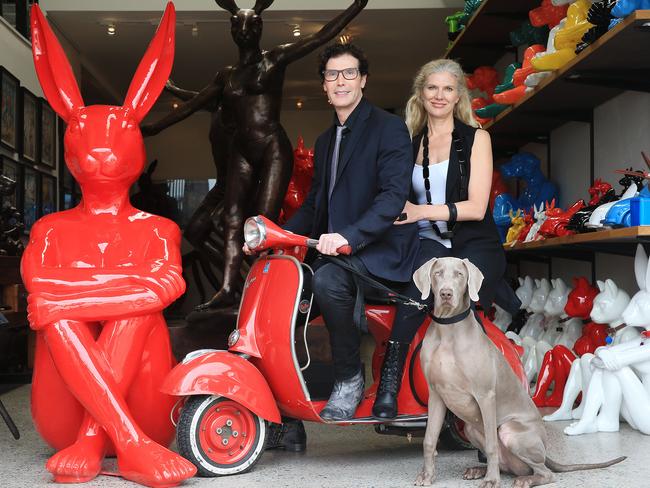 Artists Gillie and Marc Schattner and Weimaraner Indie in their studio in Alexandria. Picture: Craig Greenhill