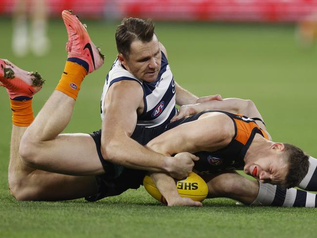 Patrick Dangerfield is likely to be looked at by the MRO for this tackle on Sam Walsh. Picture: Michael Klein