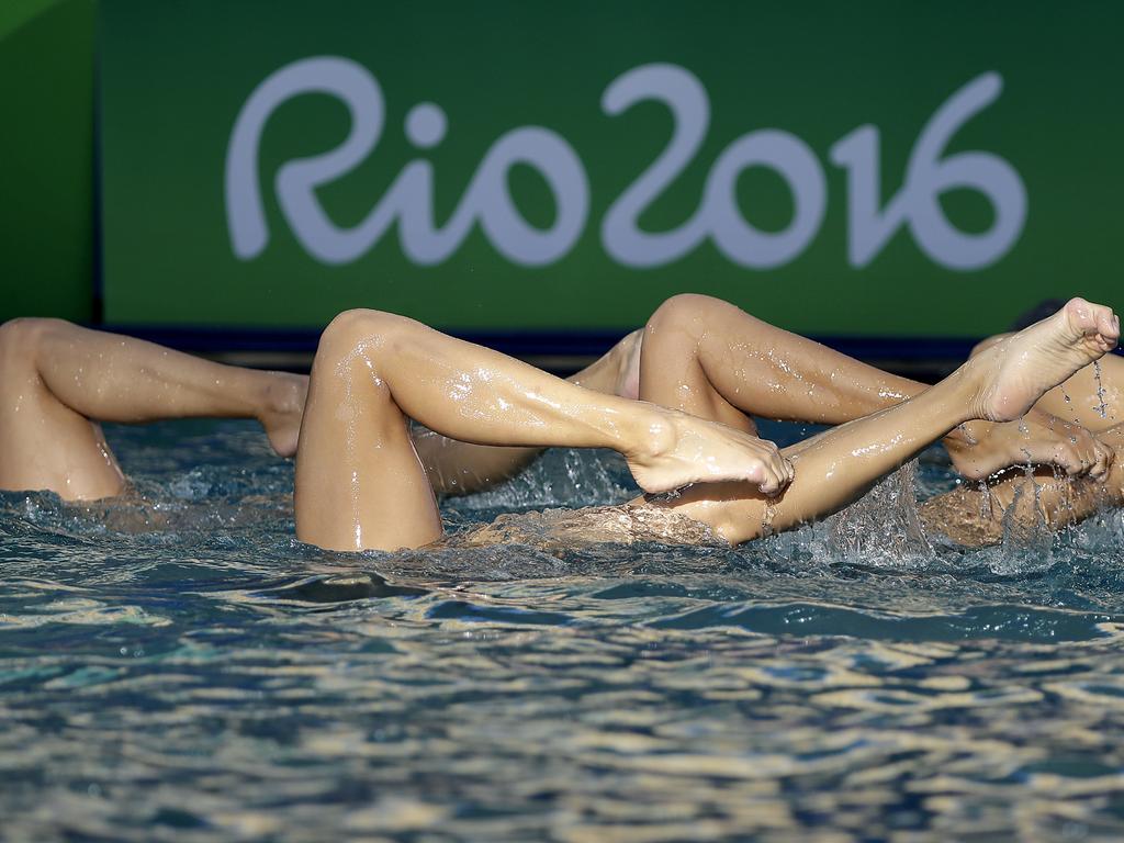 China’s synchronized swimming team take part in a training session at the Maria Lenk Aquatic Centre.