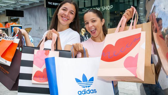 Mikayla and Amelia Rechichi are excited about the Boxing Day shopping sales in Rundle Mall. Picture: Emma Brasier