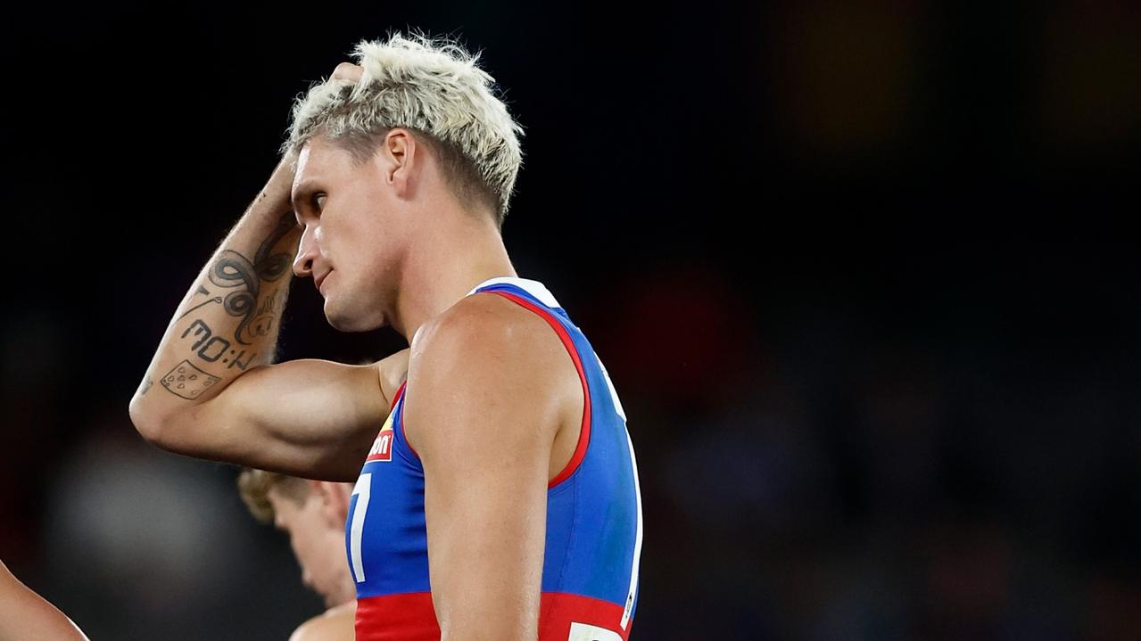 MELBOURNE, AUSTRALIA - APRIL 12: Rory Lobb of the Bulldogs is seen with ice on his ankle after the VFL curtain raiser before the 2024 AFL Round 05 match between the Western Bulldogs and the Essendon Bombers at Marvel Stadium on April 12, 2024 in Melbourne, Australia. (Photo by Michael Willson/AFL Photos via Getty Images)