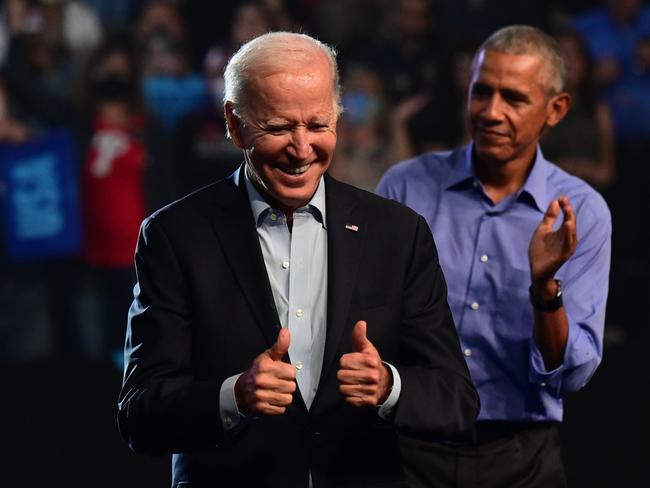 PHILADELPHIA, PA - NOVEMBER 05: President Joe Biden (L) and former U.S. President Barack Obama (R) rally for Pennsylvania Democratic Senate nominee John Fetterman and Democratic gubernatorial nominee Josh Shapiro at the Liacouras Center on November 5, 2022 in Philadelphia, Pennsylvania. Fetterman will face Republican nominee Dr. Mehmet Oz as Shapiro faces Republican Doug Mastriano on November 8 in the midterm general election.   Mark Makela/Getty Images/AFP