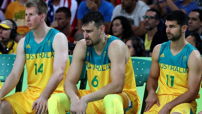 Andrew Bogut (C) towards the end of the game against Team USA. Picture: Adam Head.