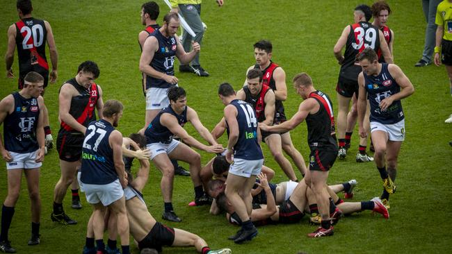 TSL: TSL Grand Final 2020, North Launceston vs. Launceston, UTAS Stadium: An all in brawl happens at quarter time between North Launceston and Launceston. Picture: LUKE BOWDEN