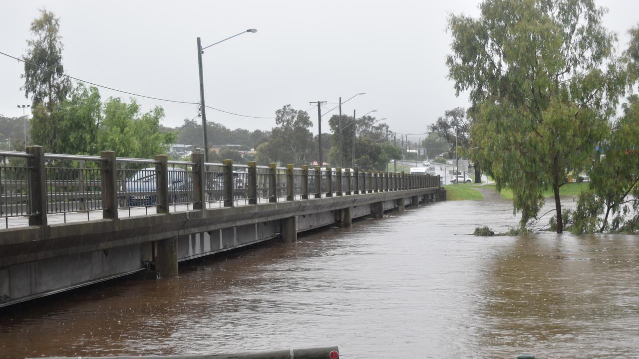 Floodwaters from the Condamine River almost reaching O.O Madsen Bridge on December 1, 2021 in Warwick. Picture Jessica Paul / Warwick Daily News