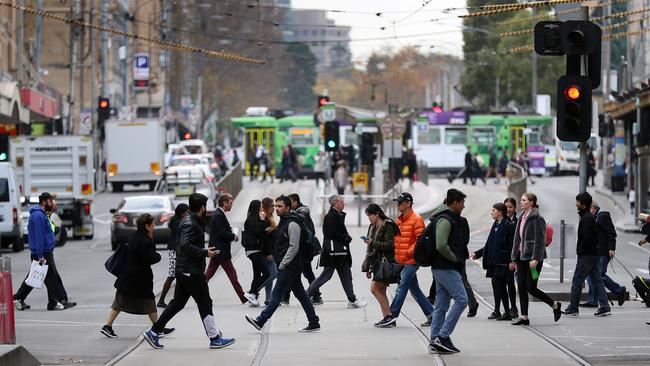 The pedestrian crossing between Flinders and Elizabeth St City, where people can cross in all directions. Picture: Alex Coppel.