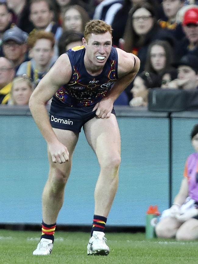 A ginger Tom Lynch before leaving the field against GWS. Picture: Sarah Reed