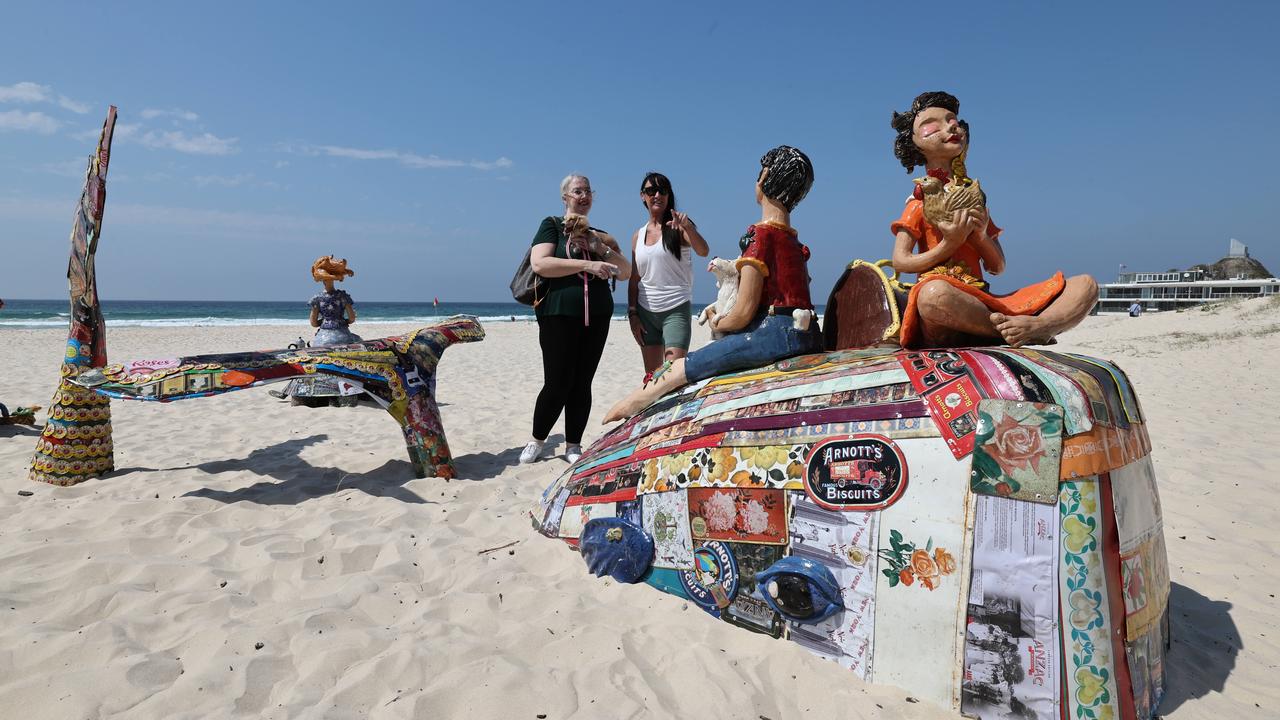 Swell Festival at Currumbin. Kara Fellinga and Susan Levens Currumbin look at the work "Dunes of Resilence " Picture Glenn Hampson