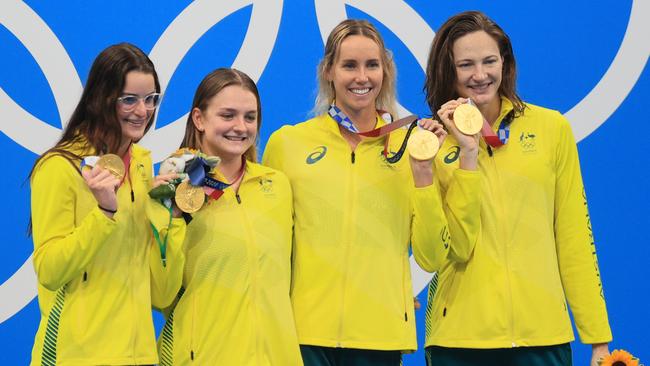 The gold-medal winning medley relay team of Kaylee McKeown, left, Chelsea Hodges, Emma McKeon and Cate Campbell. Picture: Reuters