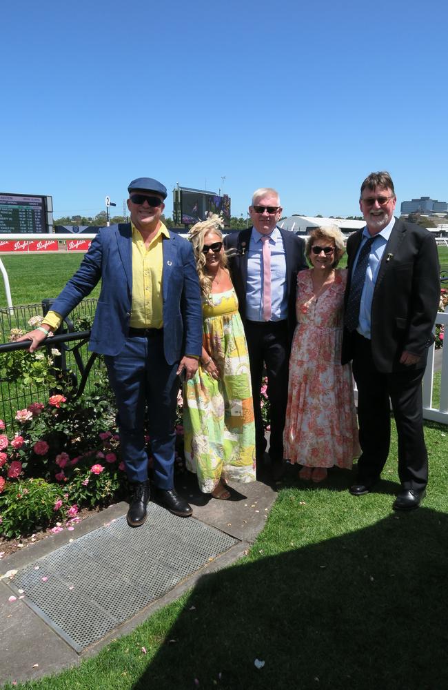 Karen, Rhonda, Michael, Rob and Murrray at the 2024 Crown Oaks Day, held at Flemington Racecourse. Picture: Gemma Scerri