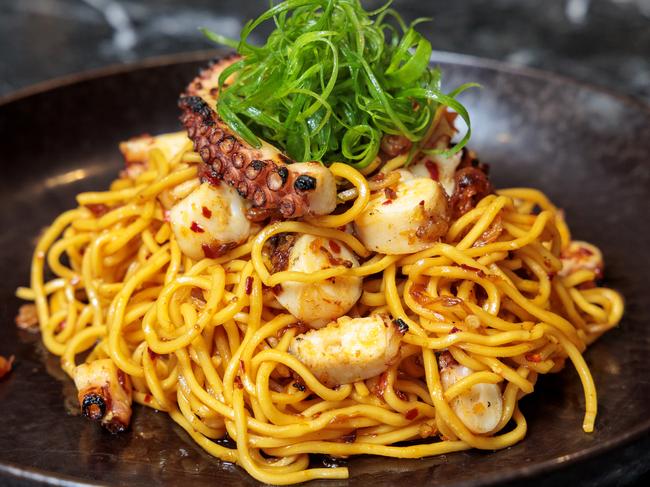 Char grilled octopus chow mein. Picture: David Geraghty.