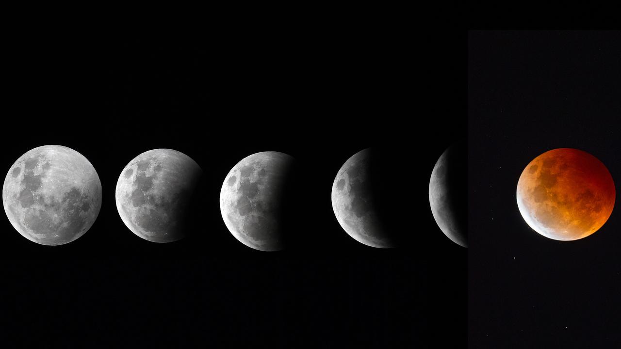 A composite image showing the progression of a total lunar eclipse, also known as blood moon, seen from Mount Coot-tha in Brisbane. Picture: NCA NewsWire / Dan Peled