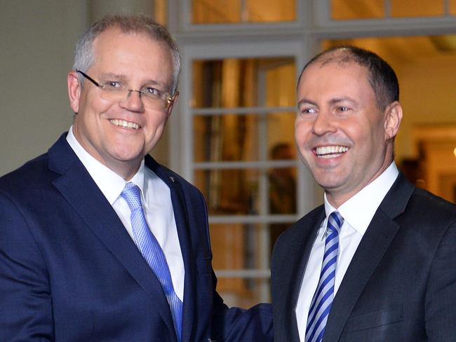 Australia’s new Prime Minister Scott Morrison and deputy Liberal Party leader Josh Frydenberg after the oath-taking ceremony in Canberra last week. Picture: Saeed Khan/AFP