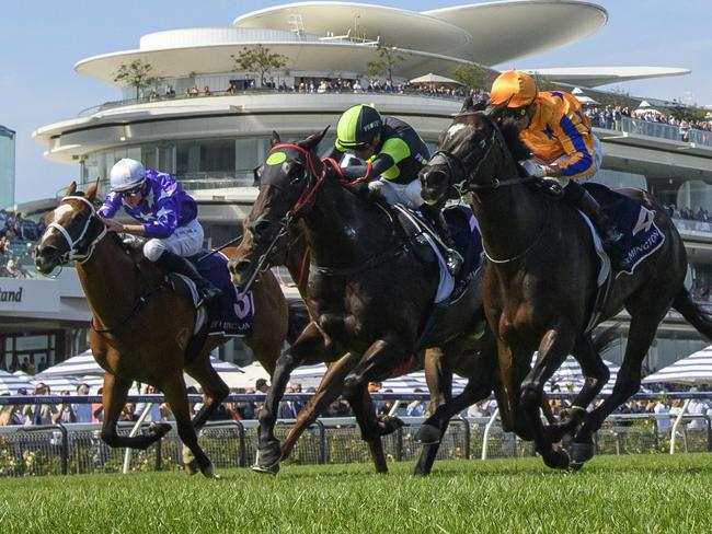 MELBOURNE, AUSTRALIA - FEBRUARY 17: Opie Bosson riding Imperatriz defeats Blake Shinn riding Private Eye and Espiona in Race 8, the Black Caviar Lightning, during Melbourne Racing at Flemington Racecourse on February 17, 2024 in Melbourne, Australia. (Photo by Vince Caligiuri/Getty Images)