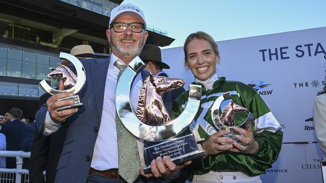 Trainer Doug Gorrel and jockey Kayla Nisbet after the win of Asgarda in the Newhaven Park Country Championships final at Randwick. Picture: Bradley Photos