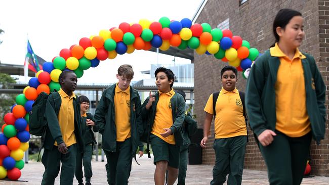 From left, Luka Andruga, Zachariah Southall, James Jackson, Harith Lama and Elizabeth Leo at Homebush West Public School in Sydney on Monday. Picture: Jane Dempster