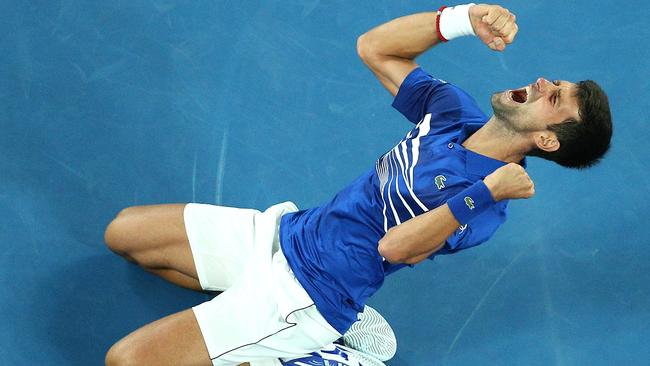 Novak Djokovic celebrates his 2019 Australian Open victory.