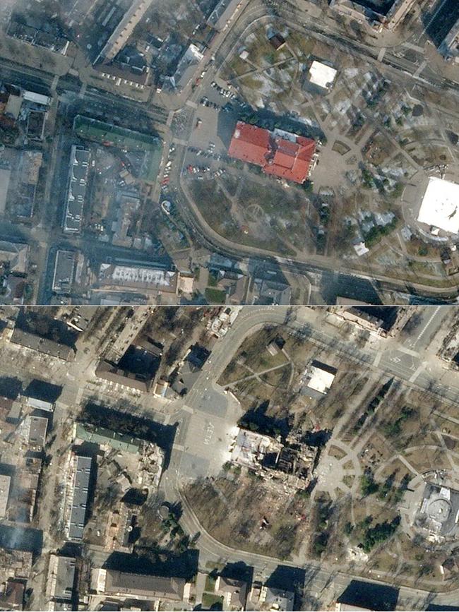 This combination of handout satellites pictures shows the theatre in Marioupol before and after it was bombed. Picture: AFP.